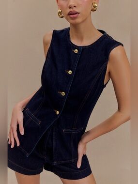 Meshki  Sleeveless Denim Vest with Gold Buttons